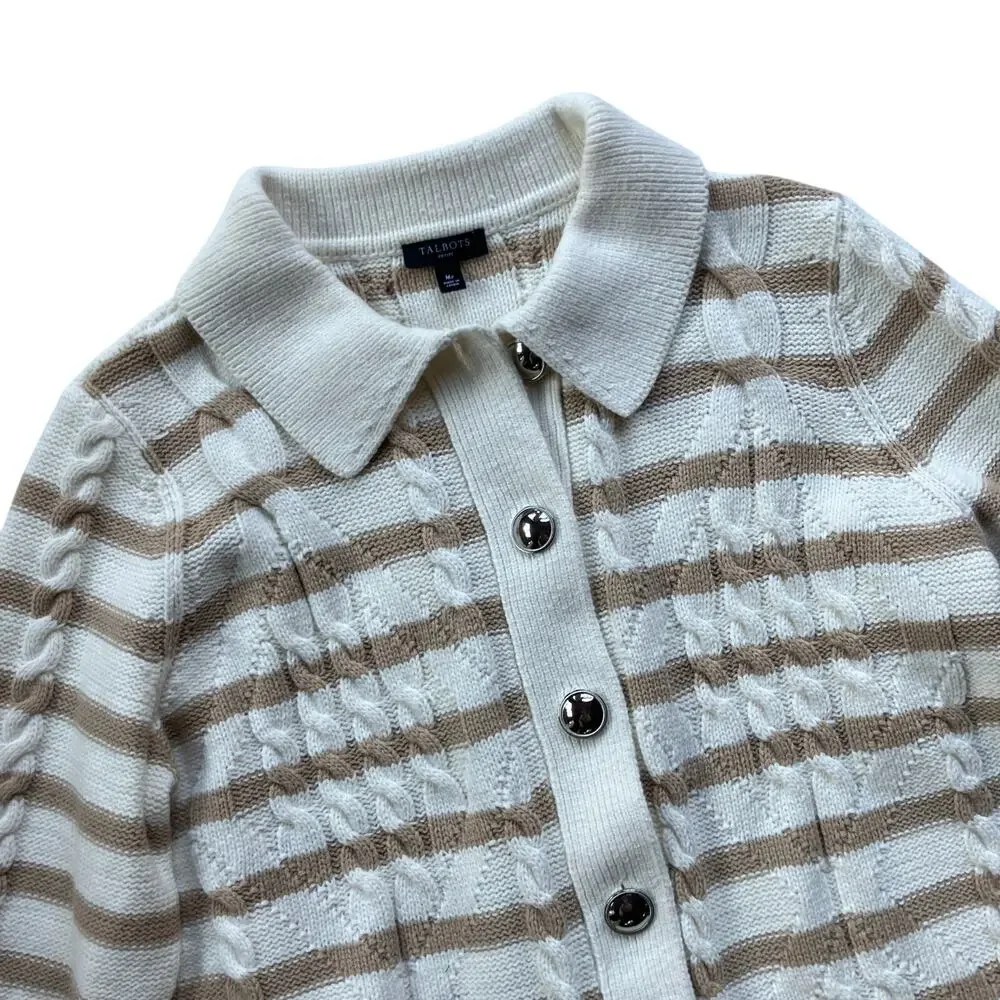 Talbots Collared Button Up Fisherman Knit Cardigan Size MP Tan White Stripe